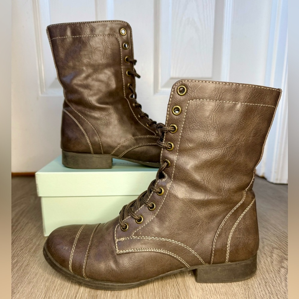 Brown Lace Up Mid Calf Boots